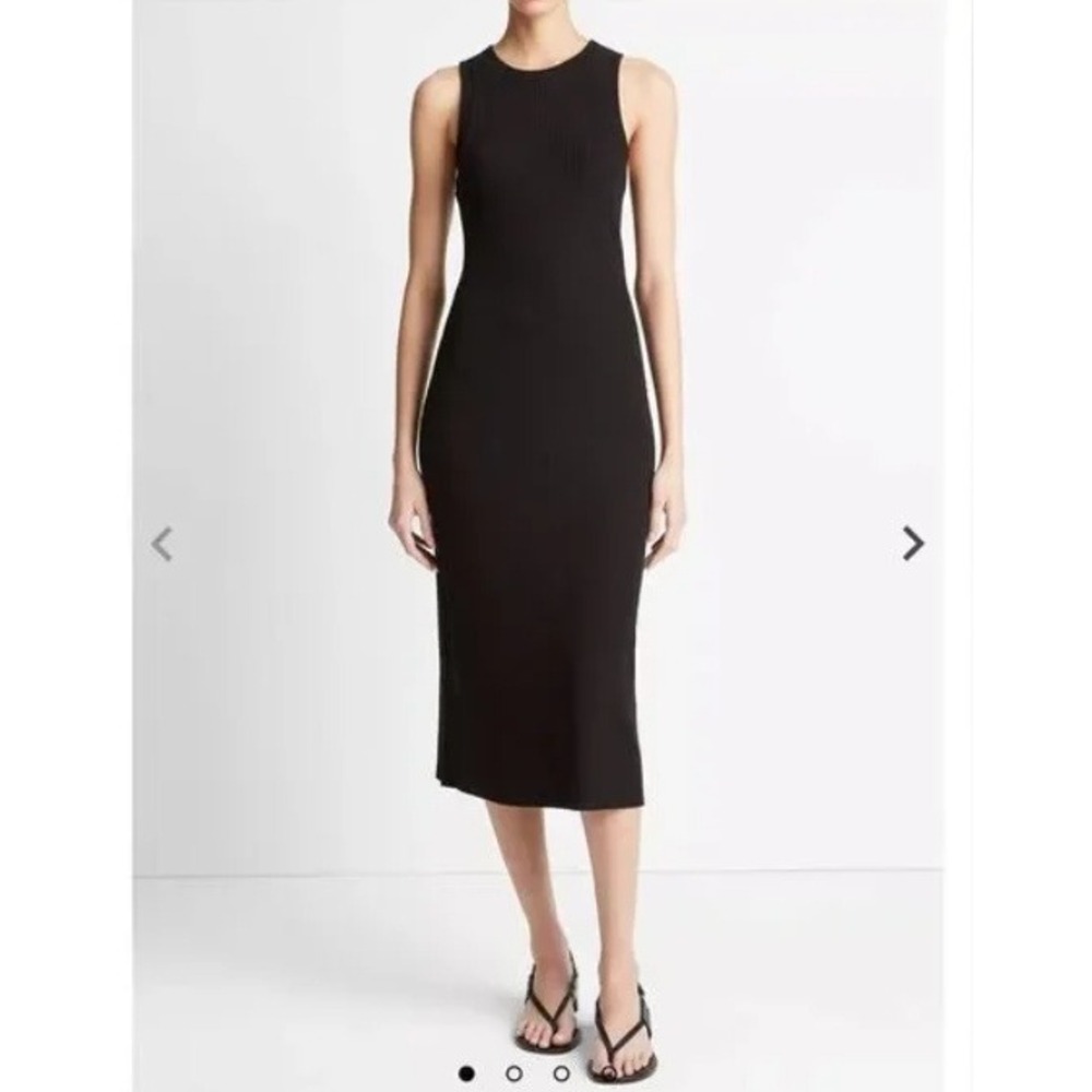 Vince Black Ribbed Sleeveless Midi Dress Large Classic Form‎ Fitting Minimalist